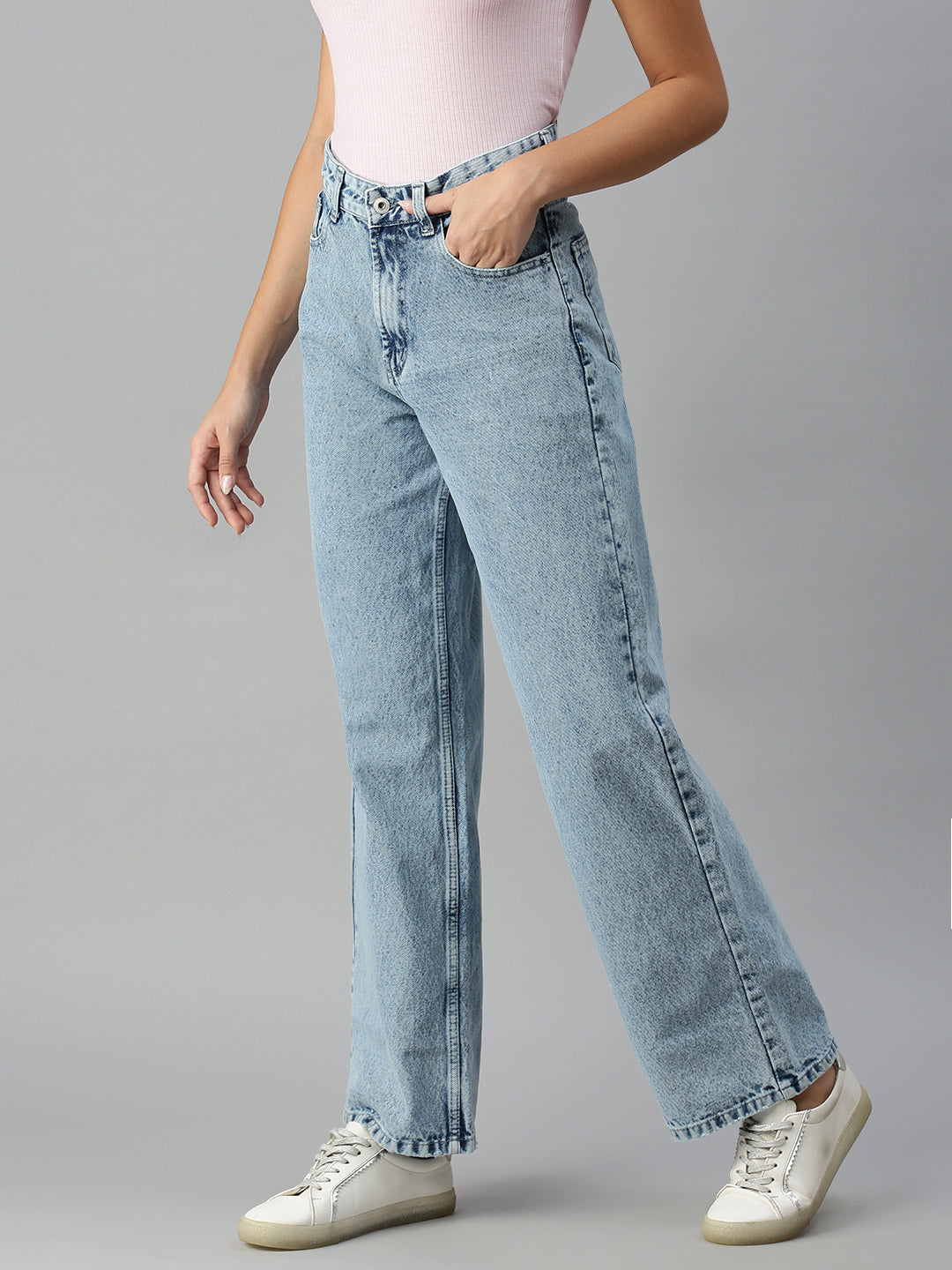 Women's Blue Solid Denim Wide Leg Jeans