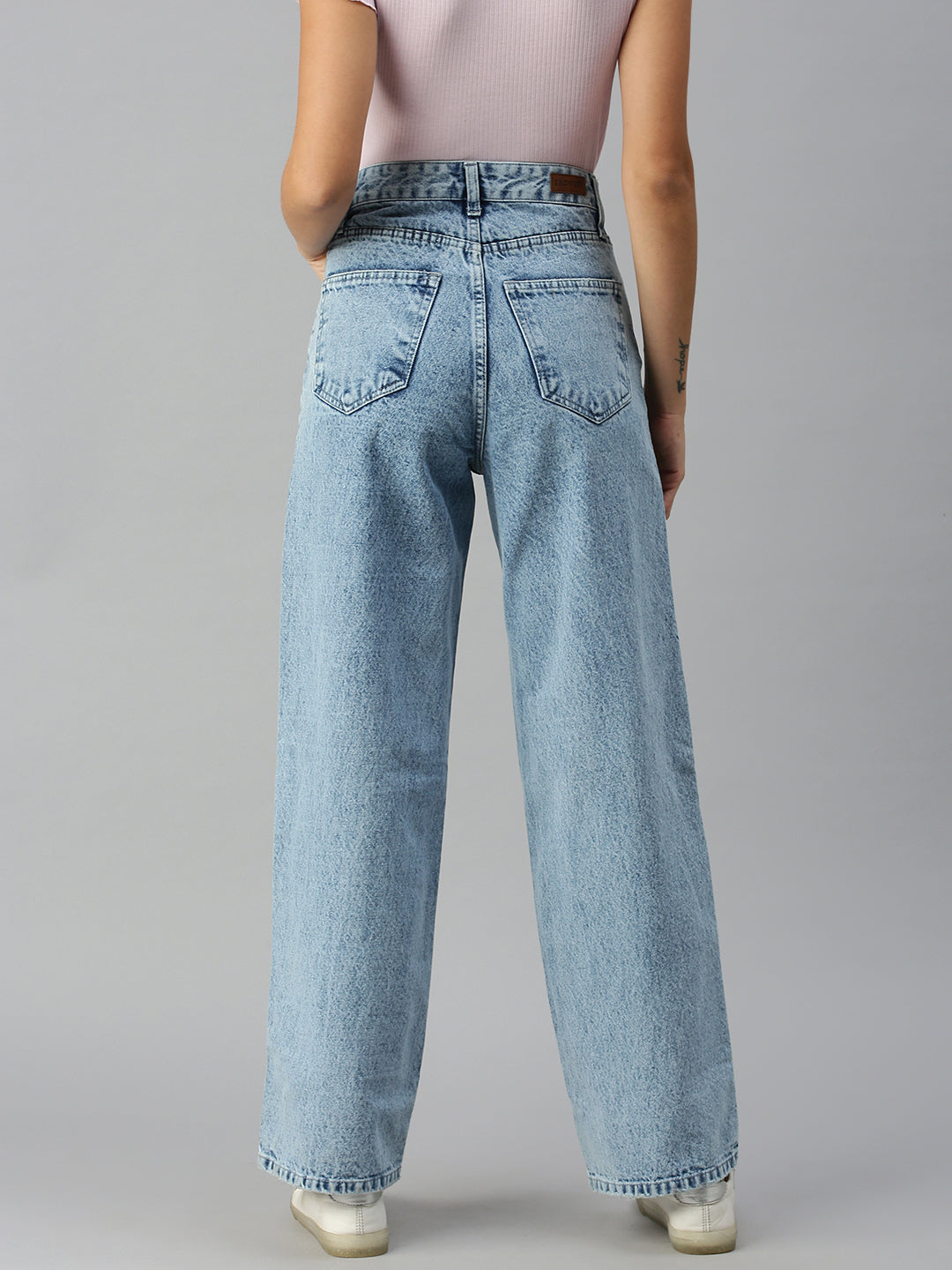 Women's Blue Solid Denim Wide Leg Jeans