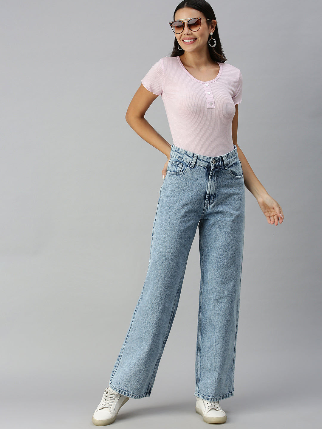 Women's Blue Solid Denim Wide Leg Jeans