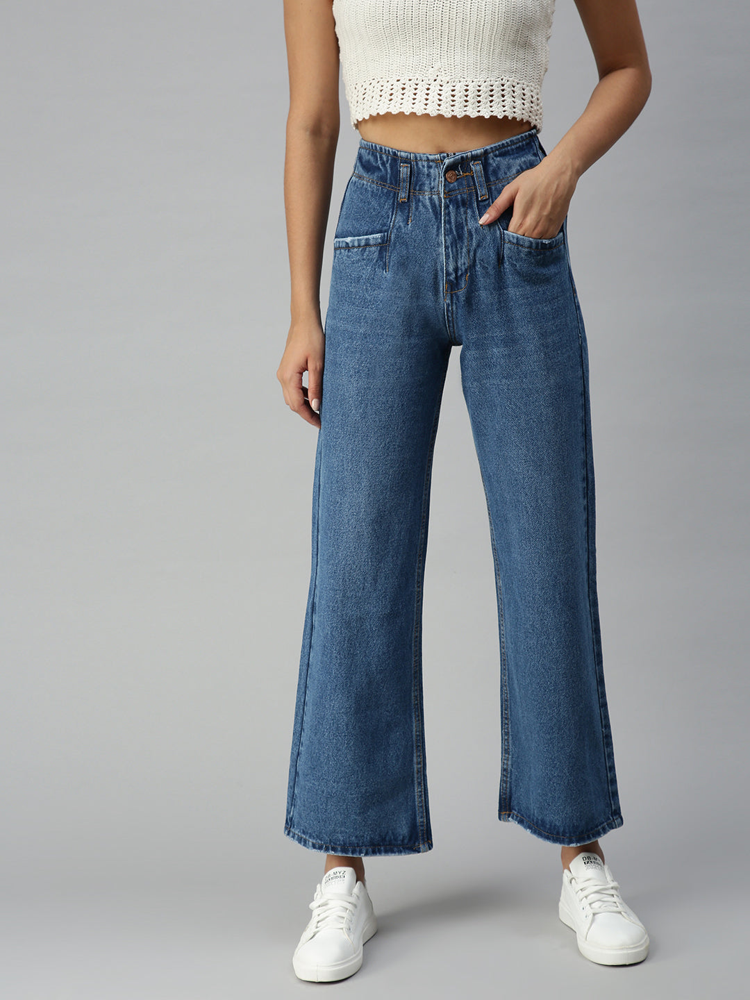 Women's Blue Solid Denim Wide Leg Jeans