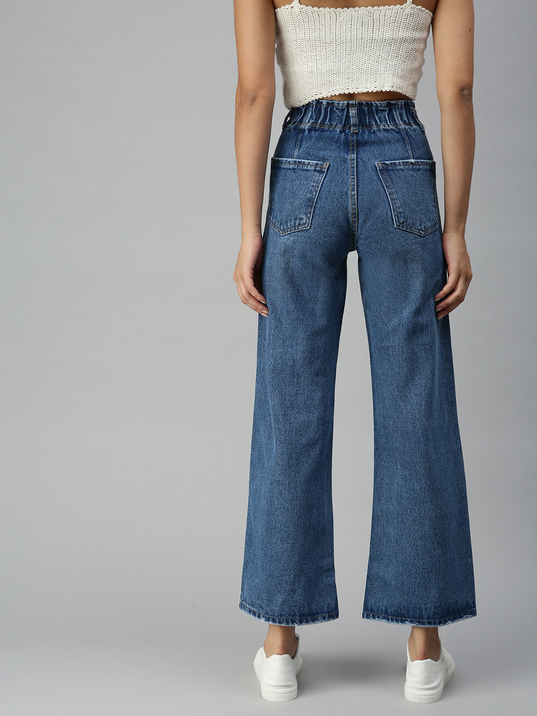 Women's Blue Solid Denim Wide Leg Jeans