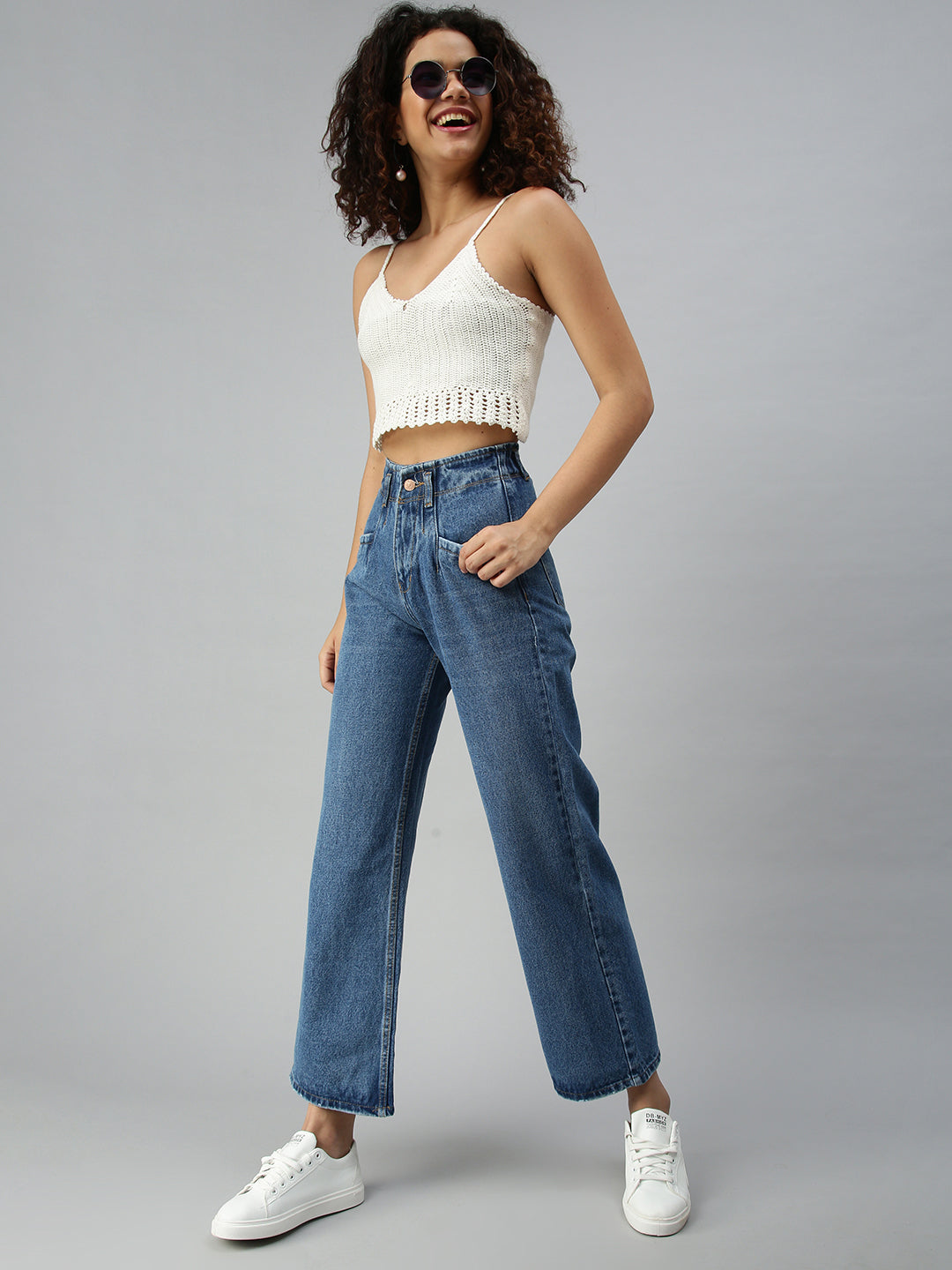 Women's Blue Solid Denim Wide Leg Jeans