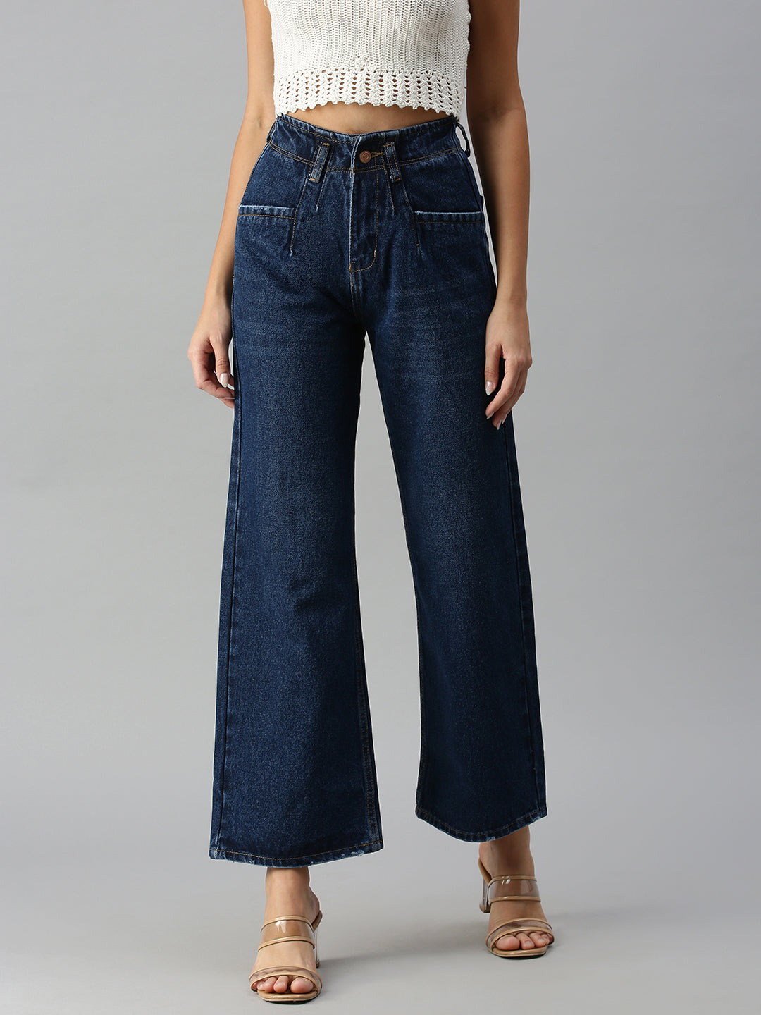 Women's Navy Blue Solid Denim Wide Leg Jeans