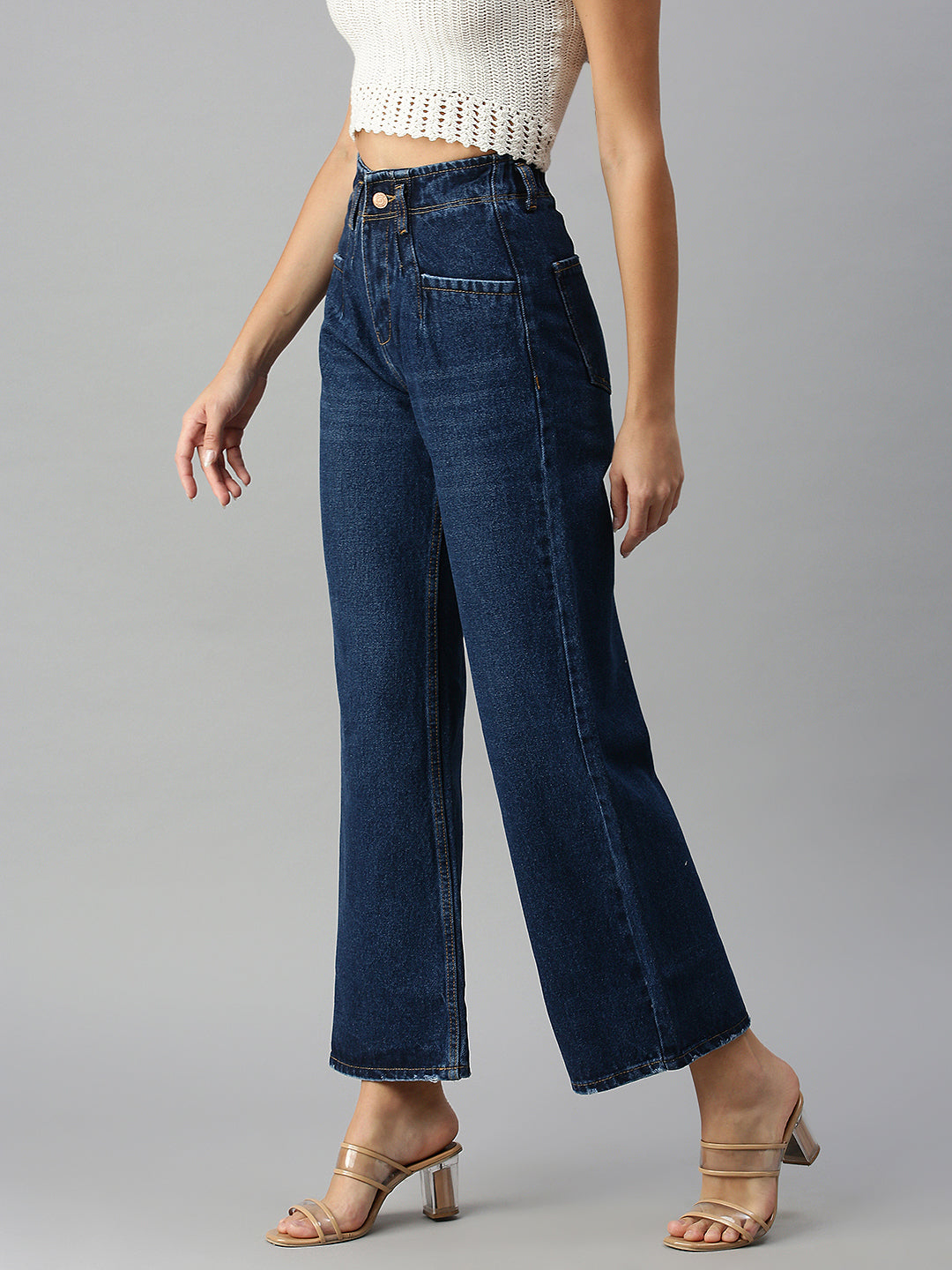 Women's Navy Blue Solid Denim Wide Leg Jeans