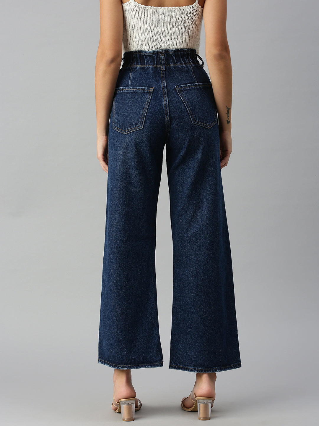 Women's Navy Blue Solid Denim Wide Leg Jeans