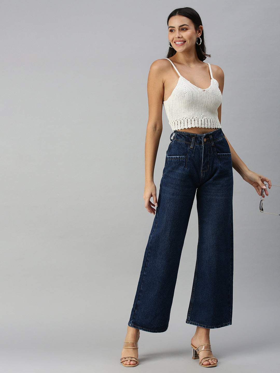 Women's Navy Blue Solid Denim Wide Leg Jeans