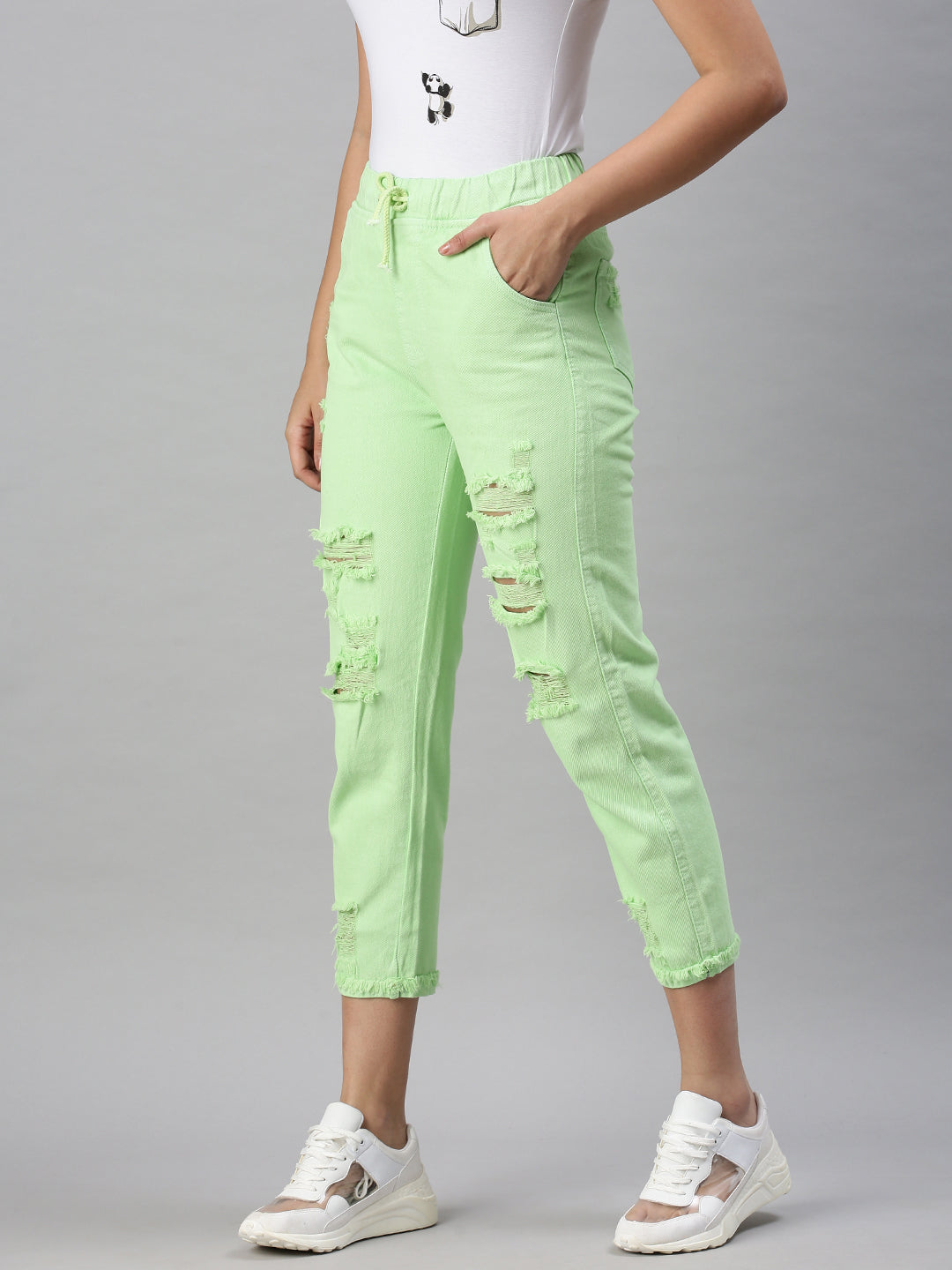 Shop Women's Lime Green Cotton Jeans Showoffff - Main Image