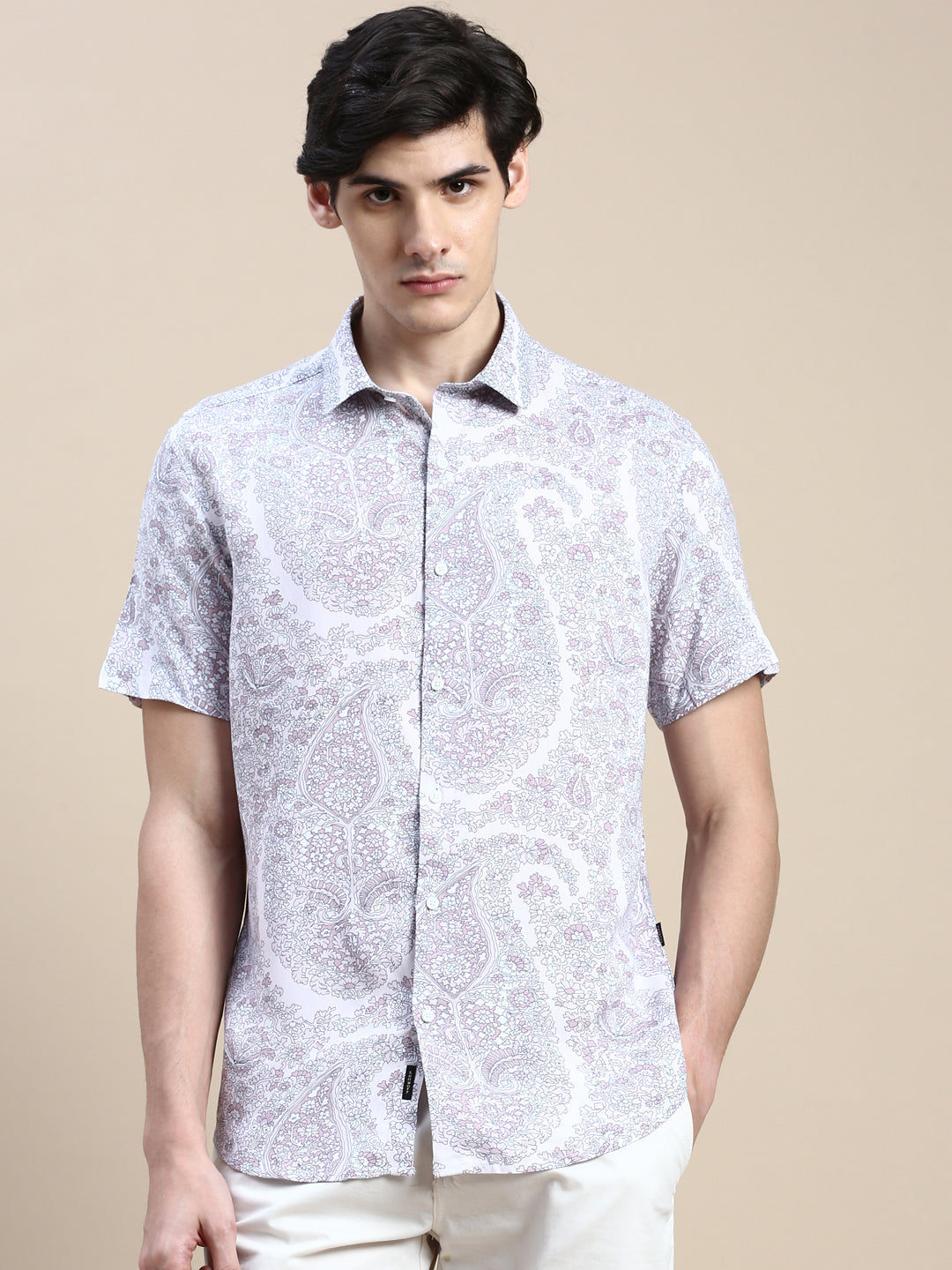 Men's Pink Standard Slim Fit Floral Printed Cotton Casual Shirt