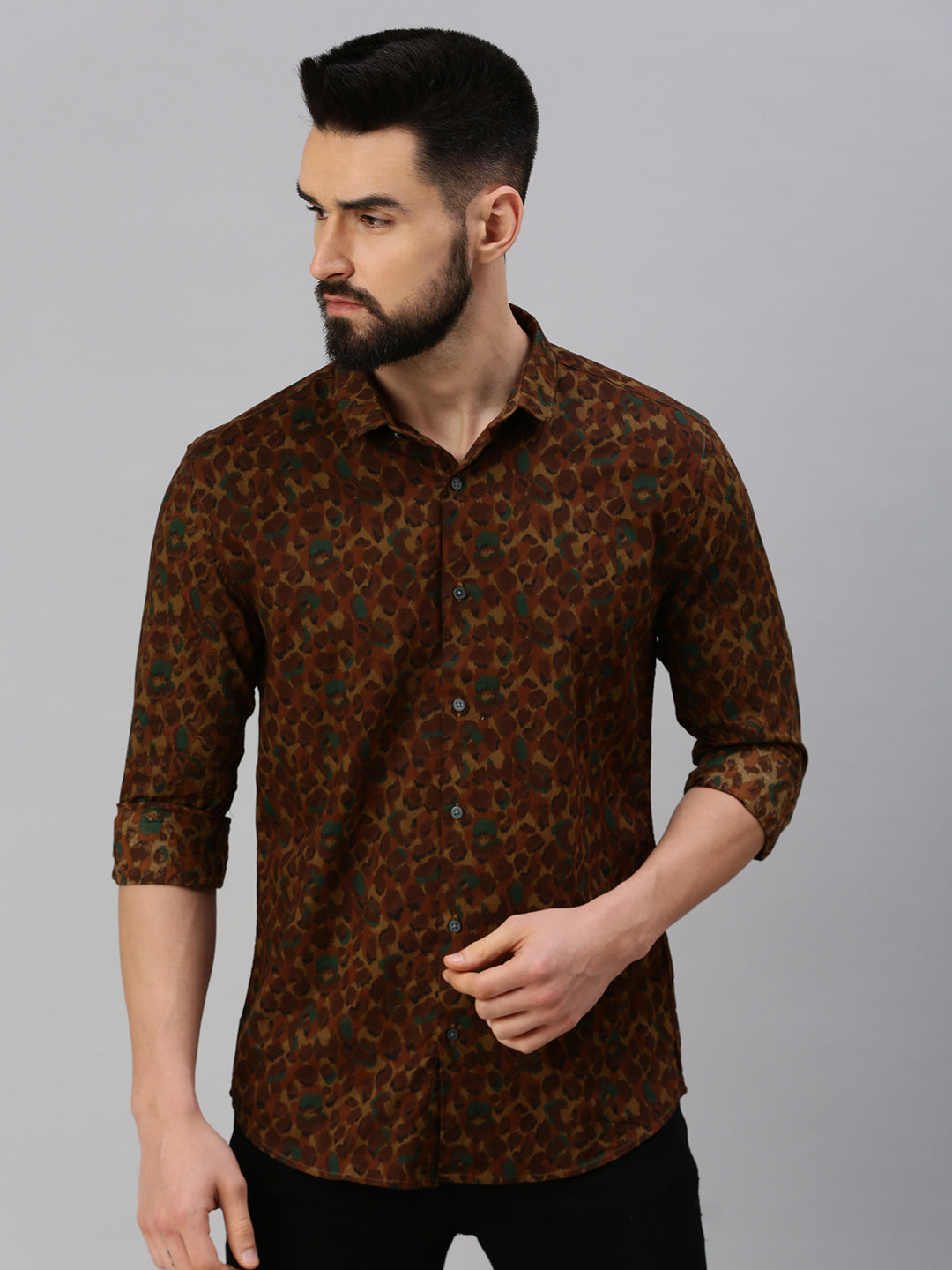 Men's Khaki Printed Casual Shirt