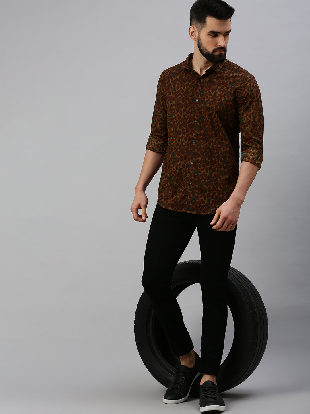 Men's Khaki Printed Casual Shirt