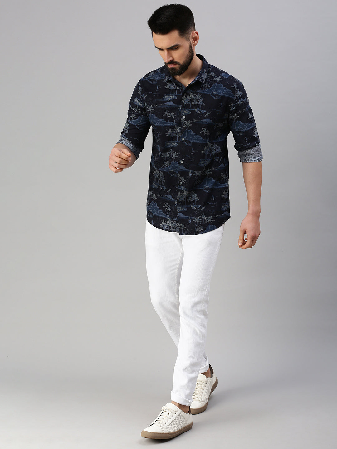 Men Navy Blue Printed Casual Shirt