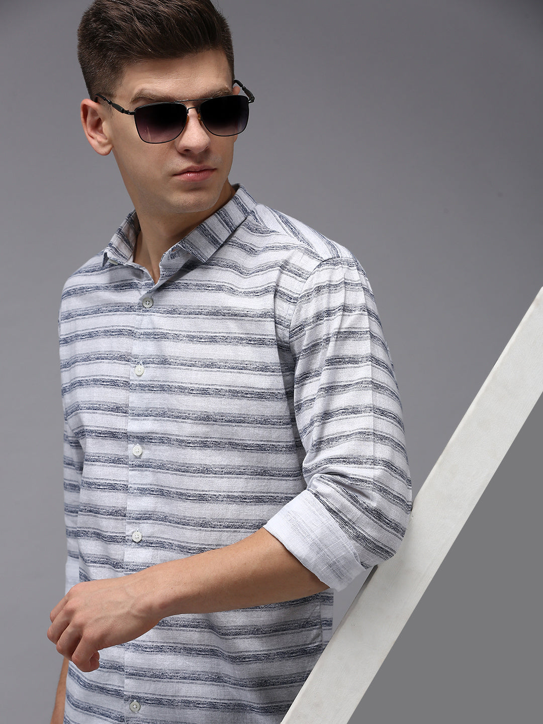 Men Grey Striped Casual Shirt