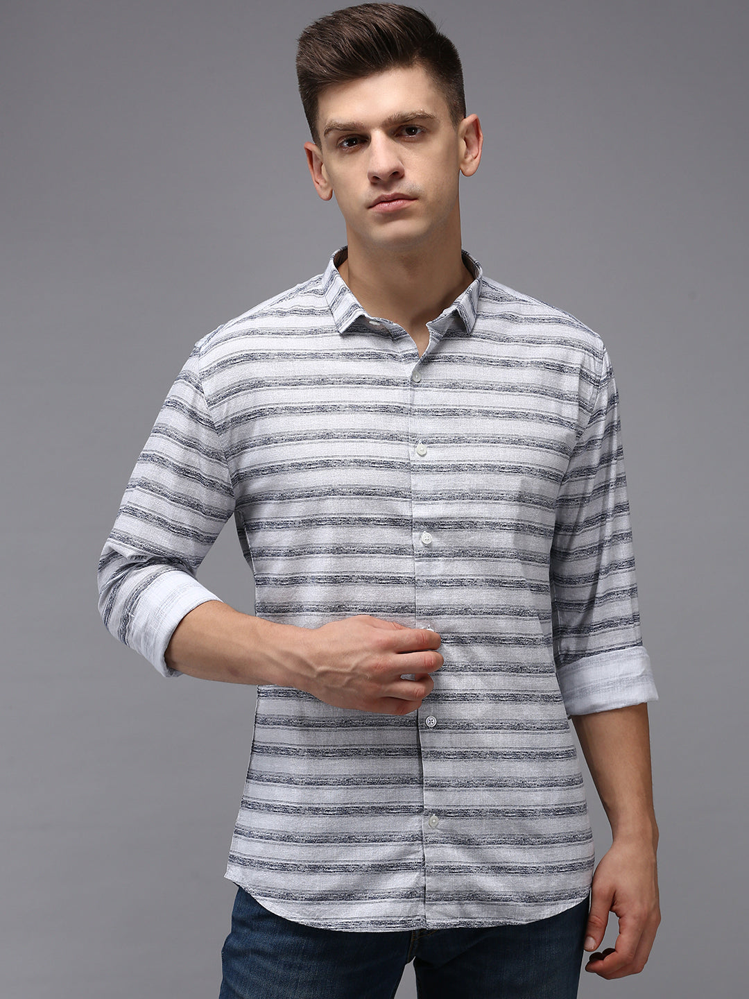 Men Grey Striped Casual Shirt