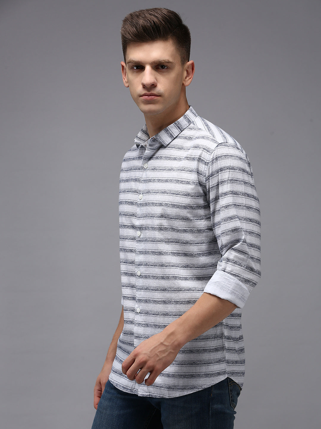 Men Grey Striped Casual Shirt