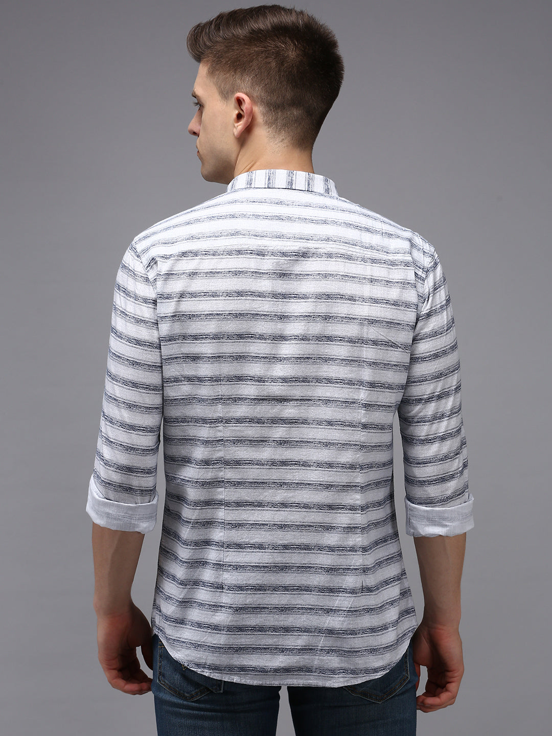 Men Grey Striped Casual Shirt