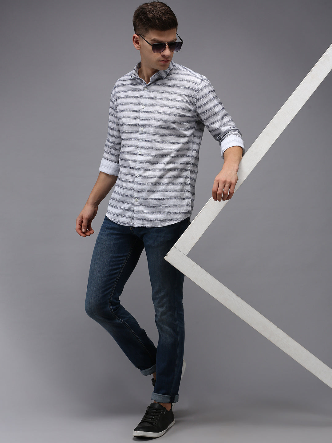 Men Grey Striped Casual Shirt