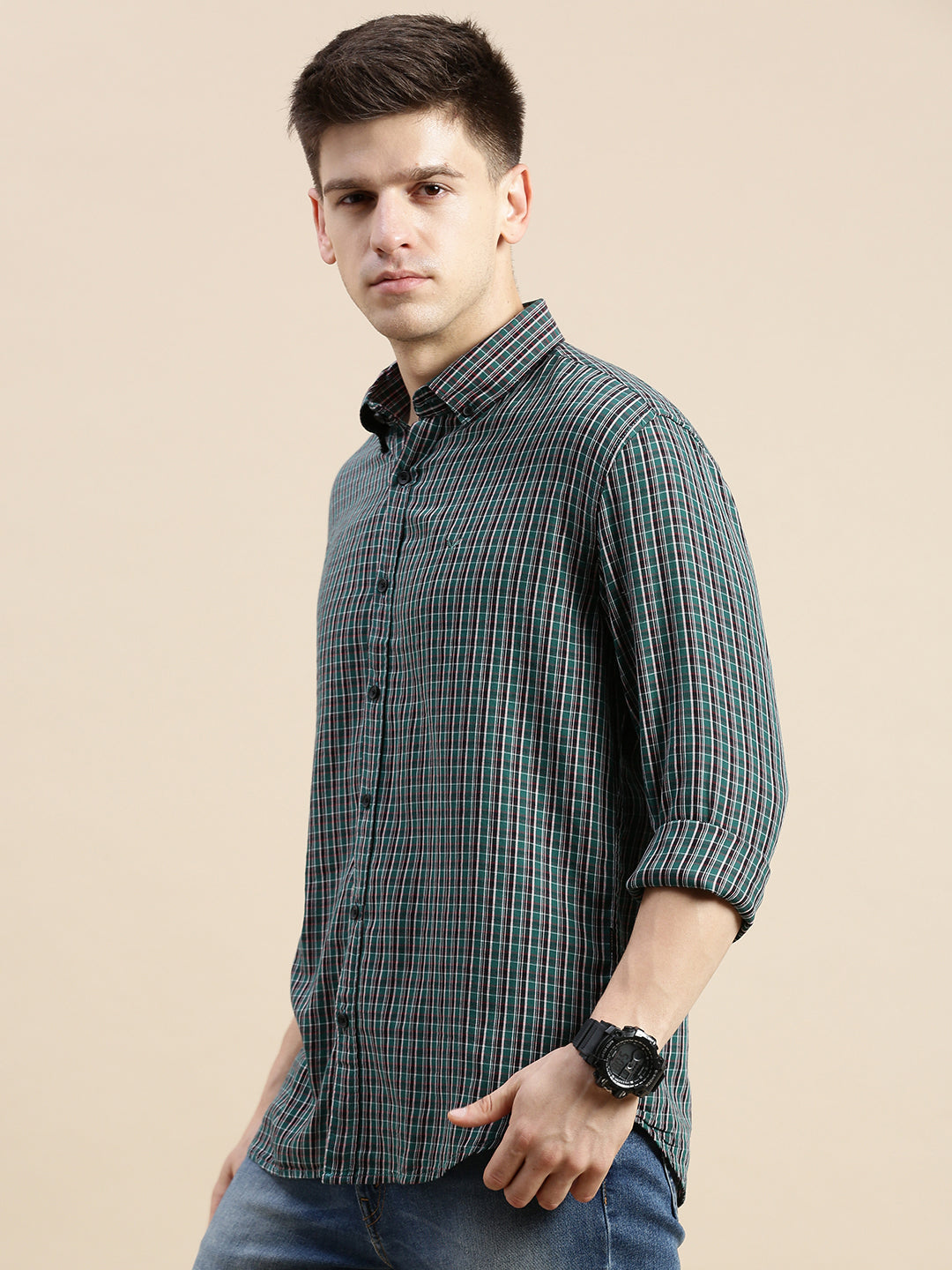 Men Green Checked Casual Shirt