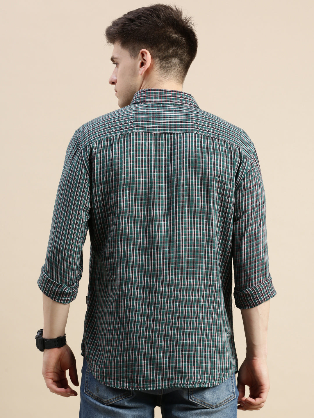 Men Green Checked Casual Shirt