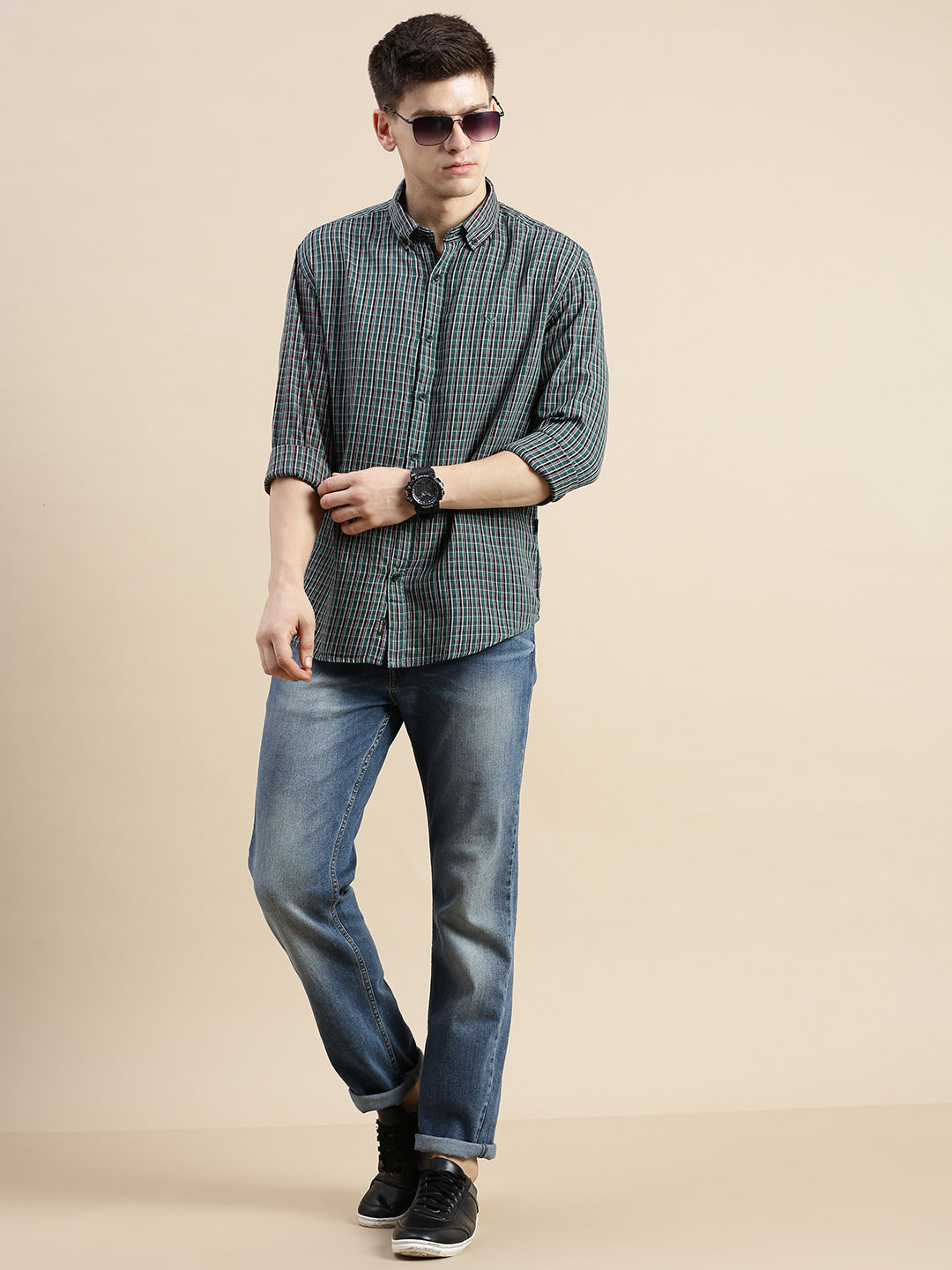 Men Green Checked Casual Shirt