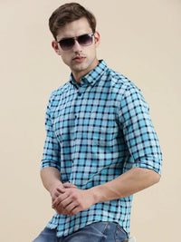 Men's Blue Standard Slim Fit Gingham Check Cotton Casual Shirt