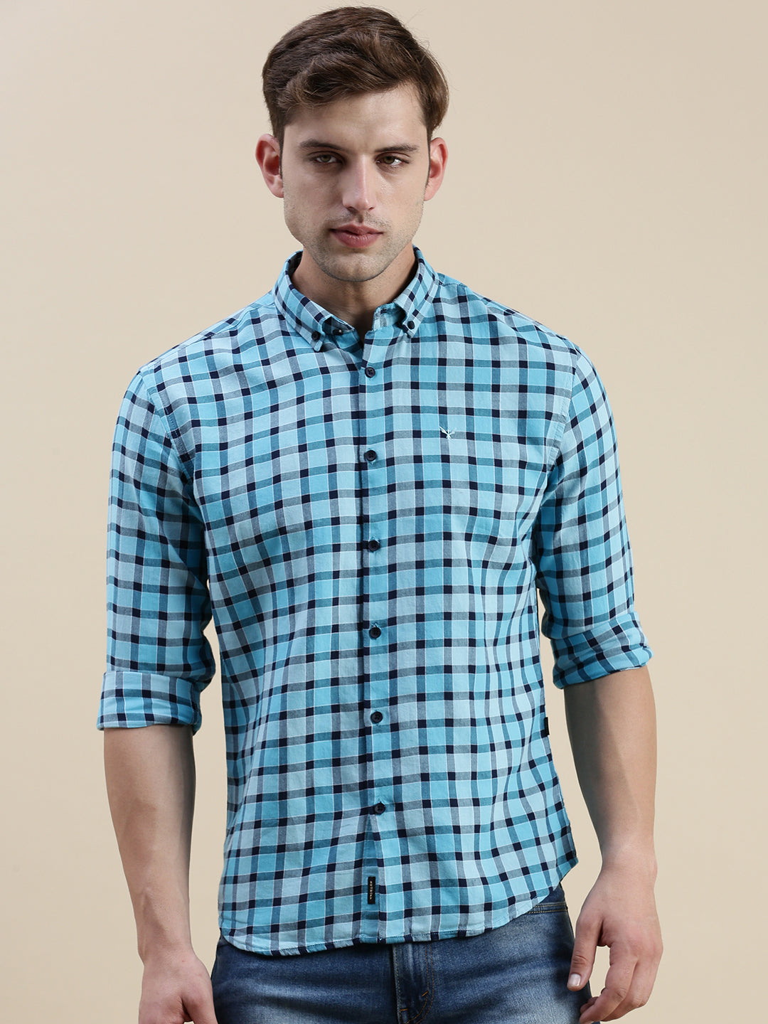 Men Blue Checked Casual Shirt