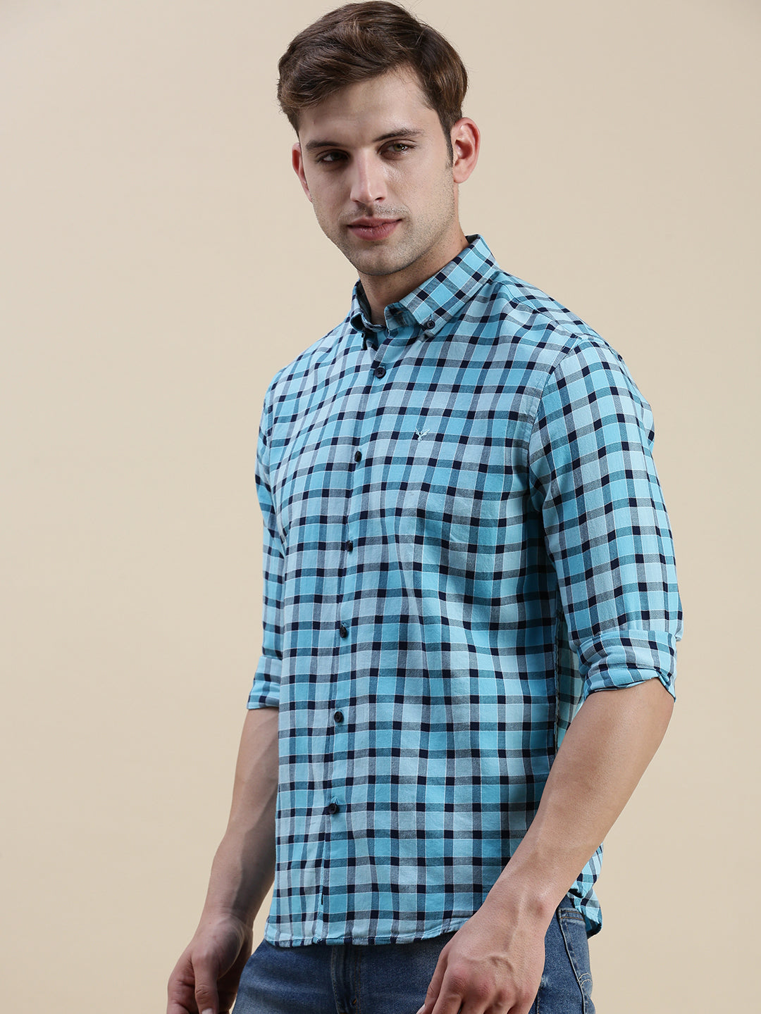 Men Blue Checked Casual Shirt