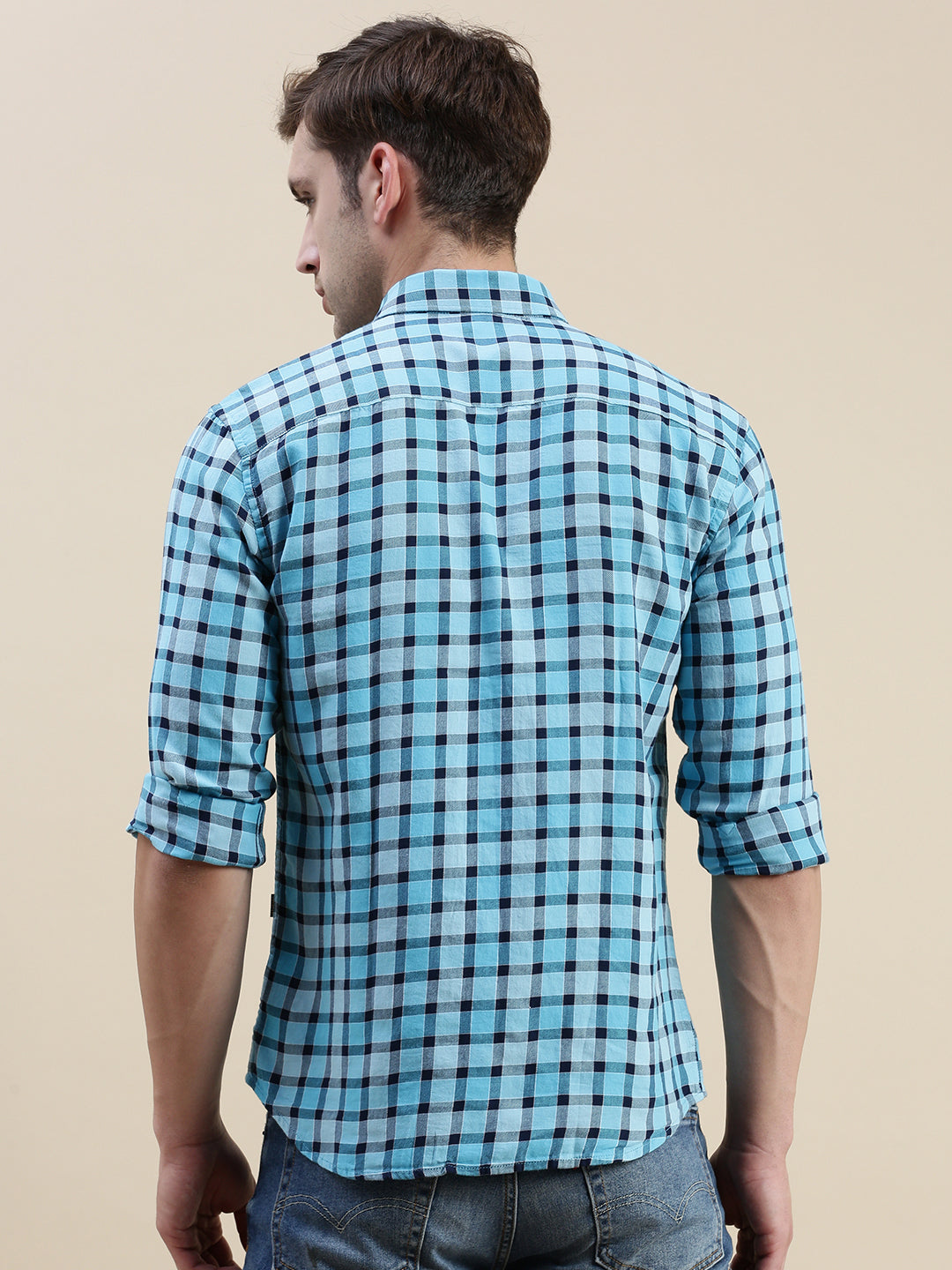 Men Blue Checked Casual Shirt