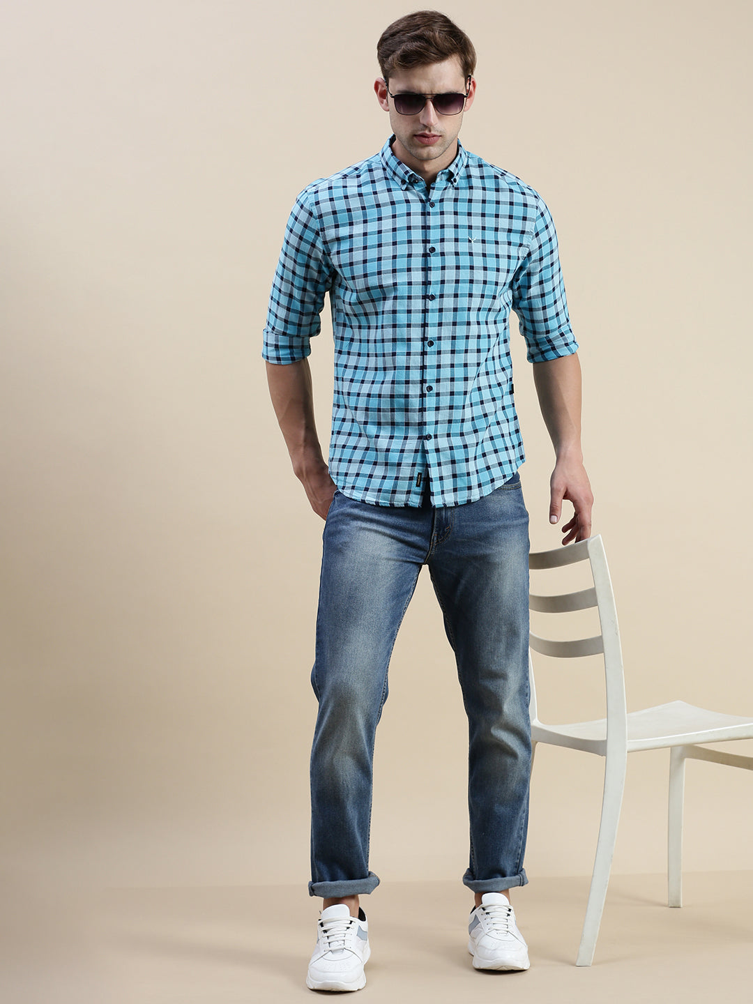 Men Blue Checked Casual Shirt