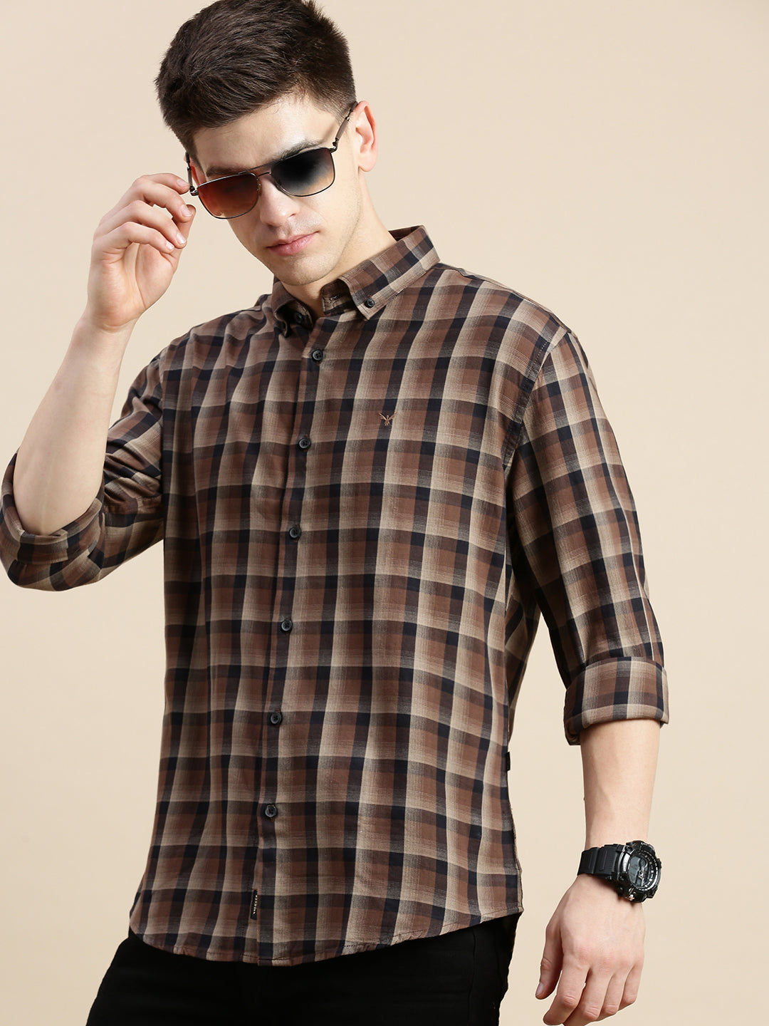 Men Brown Checked Casual Shirt