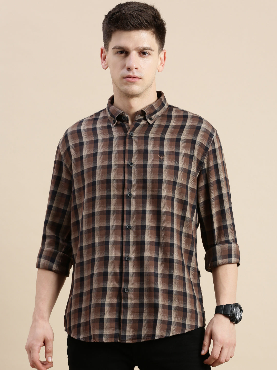 Men Brown Checked Casual Shirt