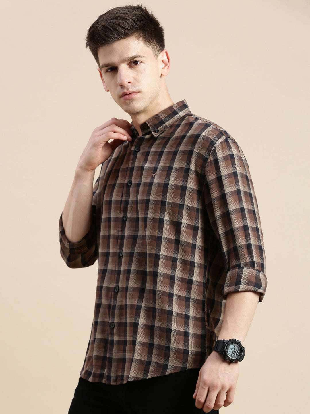 Men Brown Checked Casual Shirt