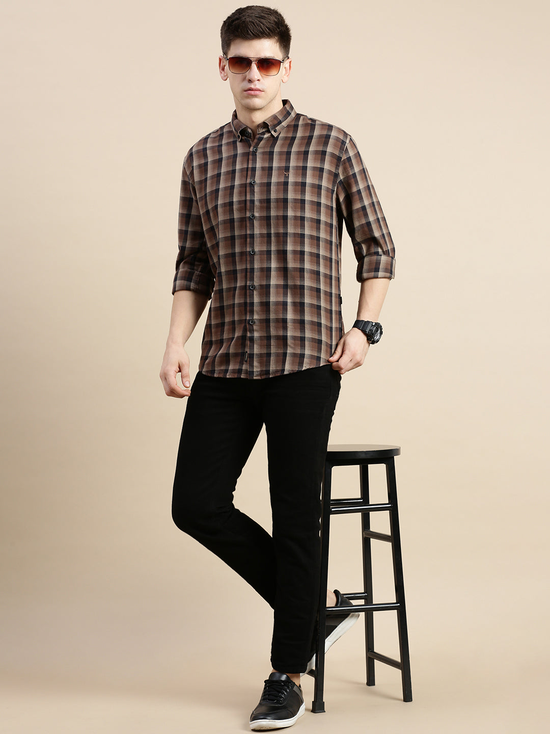 Men Brown Checked Casual Shirt