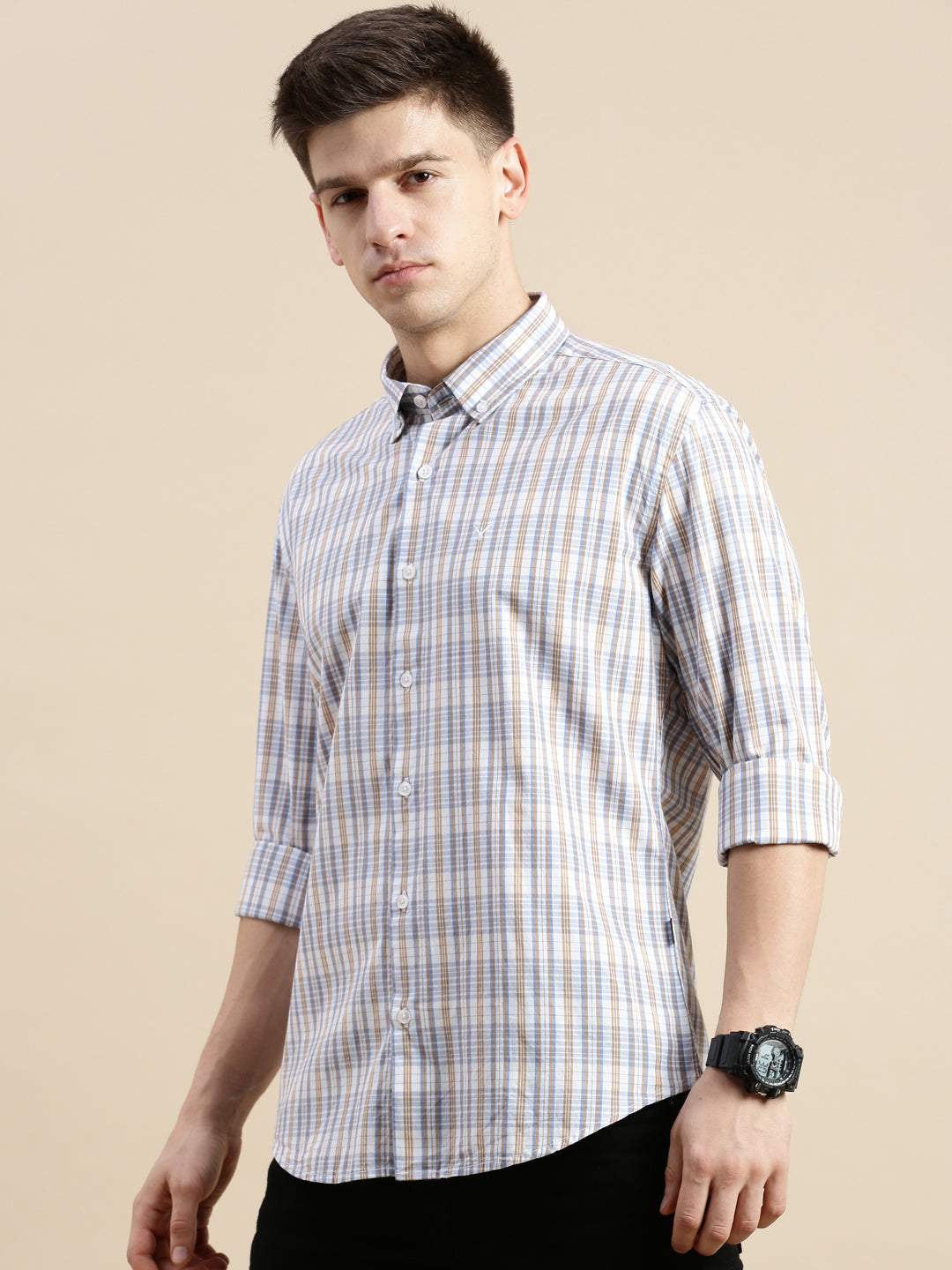 Men Cream Checked Casual Shirt