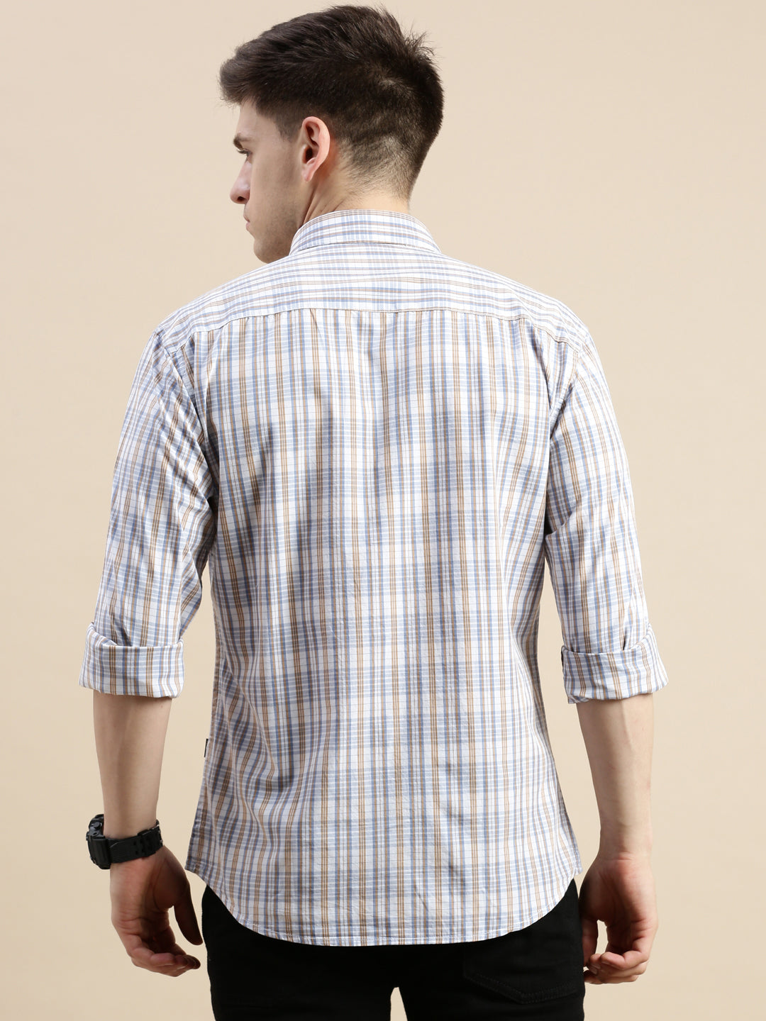 Men Cream Checked Casual Shirt