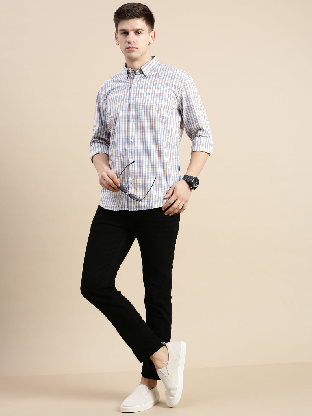 Men Cream Checked Casual Shirt