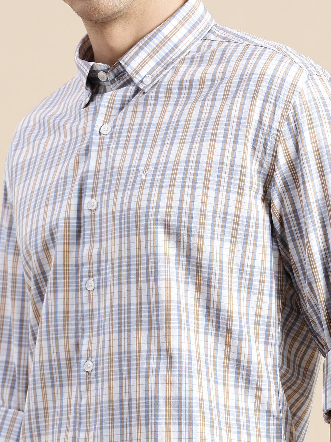 Men Cream Checked Casual Shirt