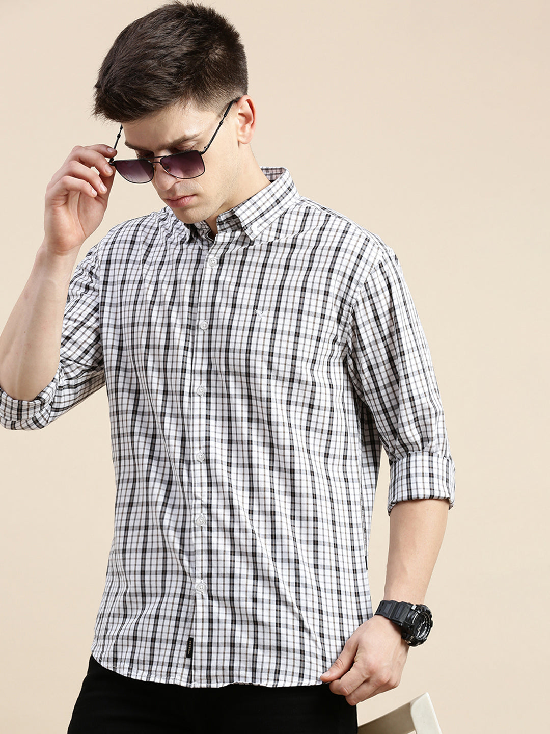 Men White Checked Casual Shirt