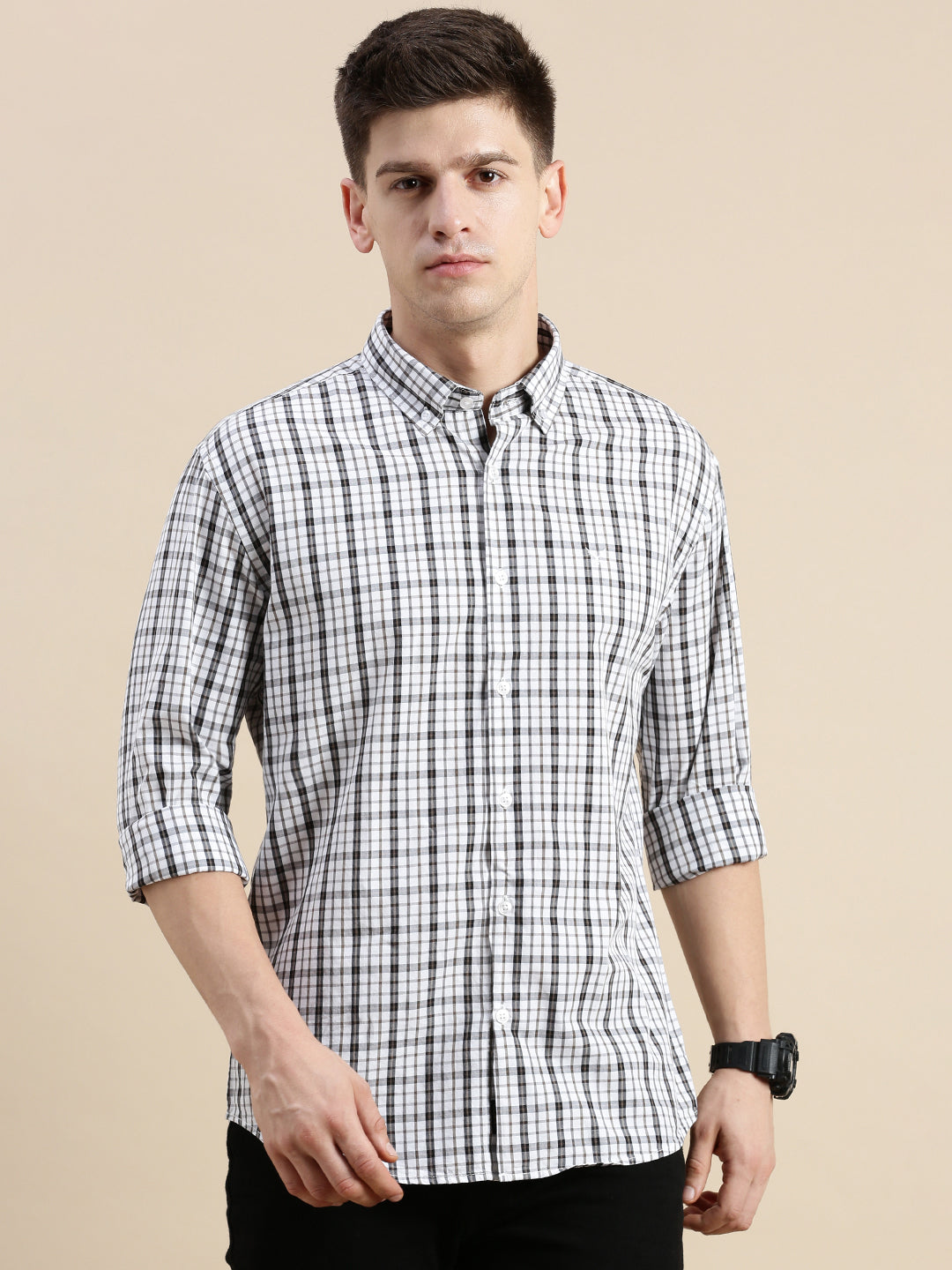 Men White Checked Casual Shirt