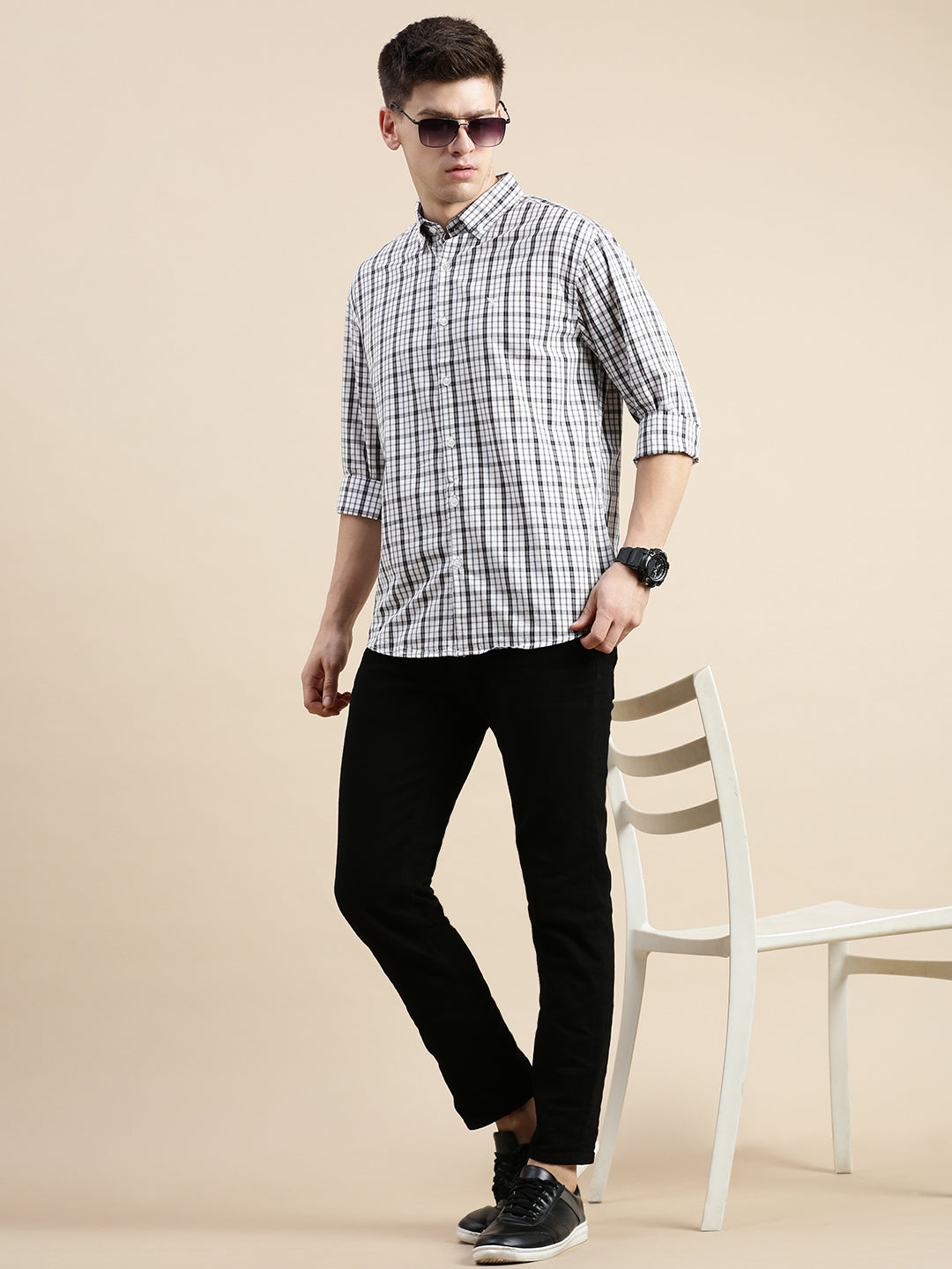 Men White Checked Casual Shirt