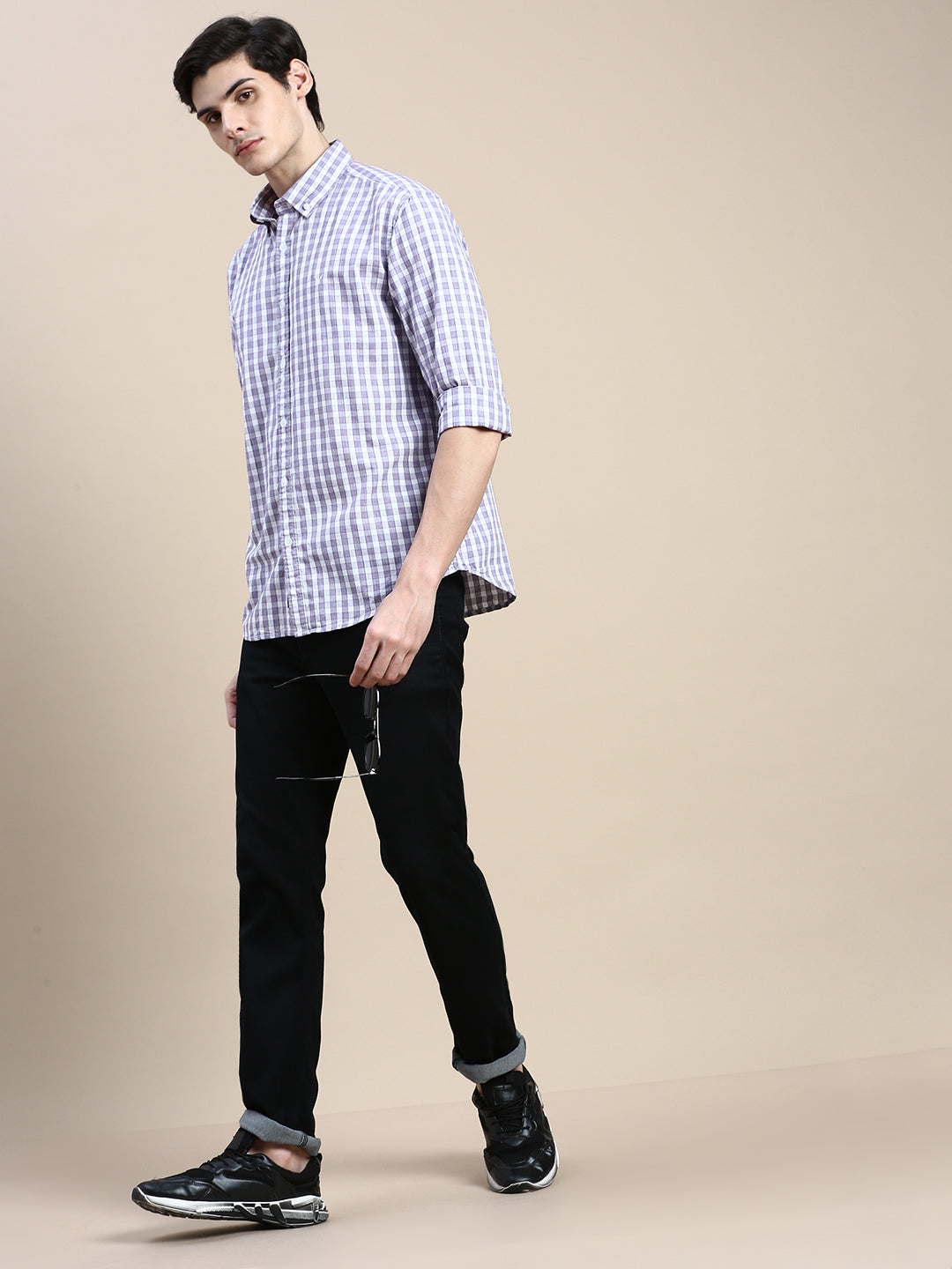 Men Purple Checked Casual Shirt