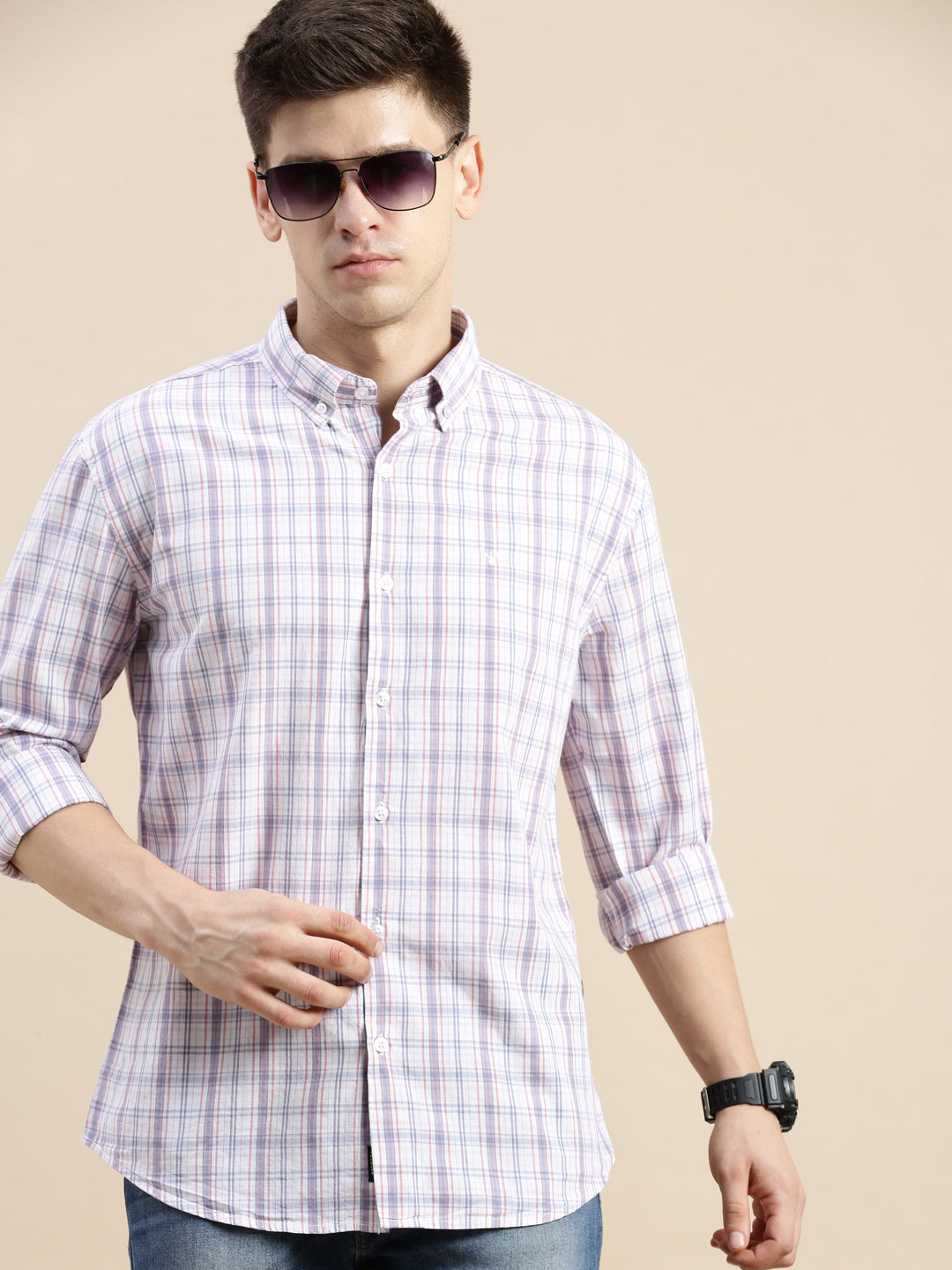 Men Cream Checked Casual Shirt