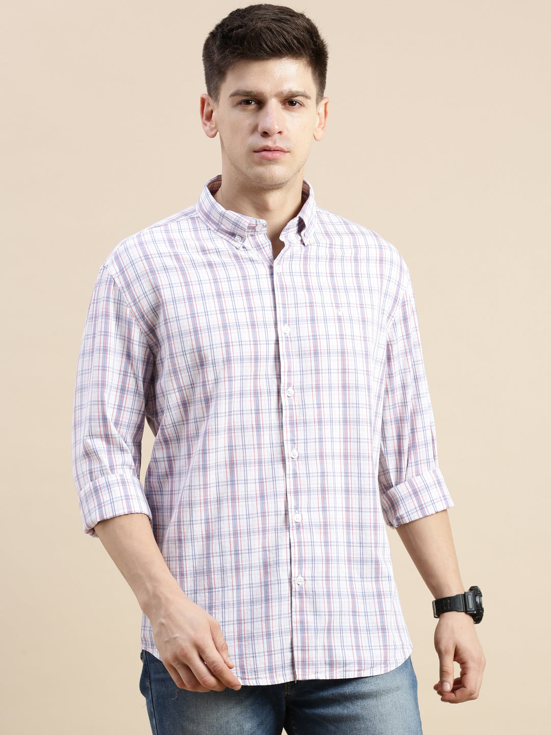 Men Cream Checked Casual Shirt