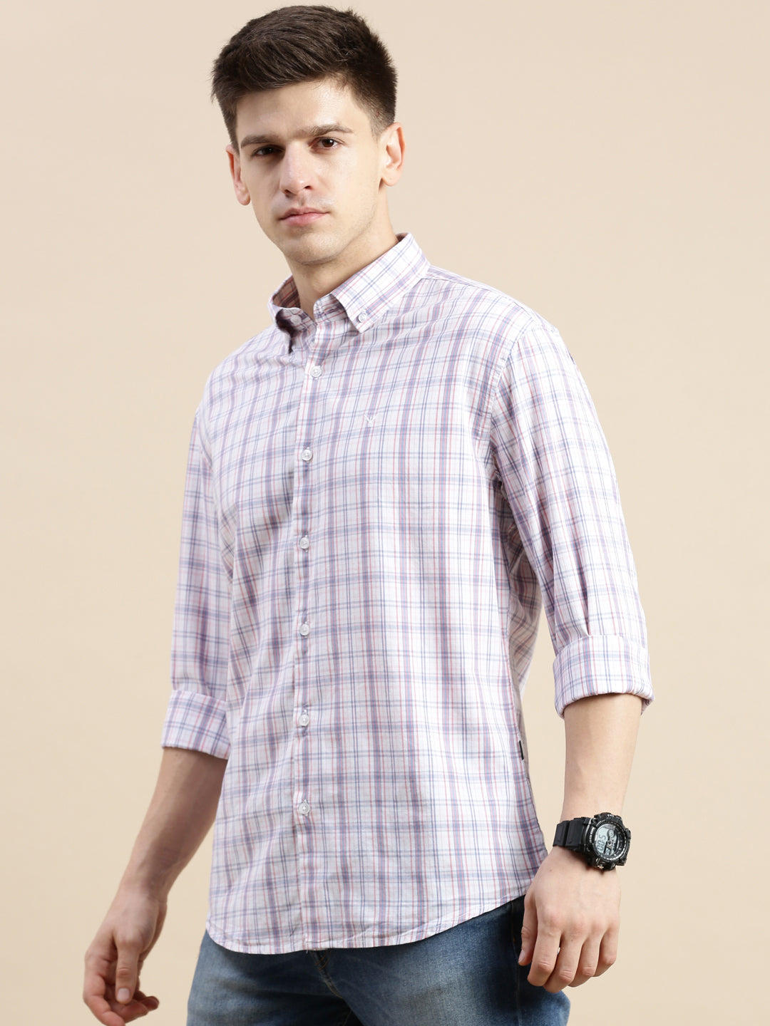 Men Cream Checked Casual Shirt