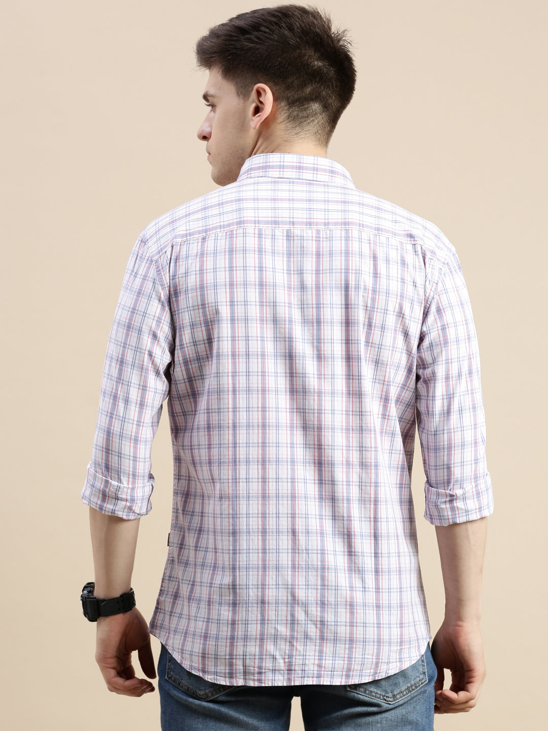 Men Cream Checked Casual Shirt