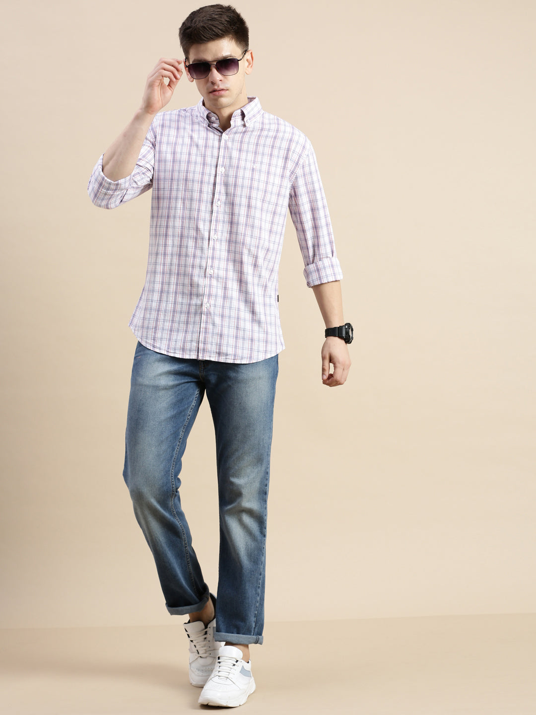 Men Cream Checked Casual Shirt