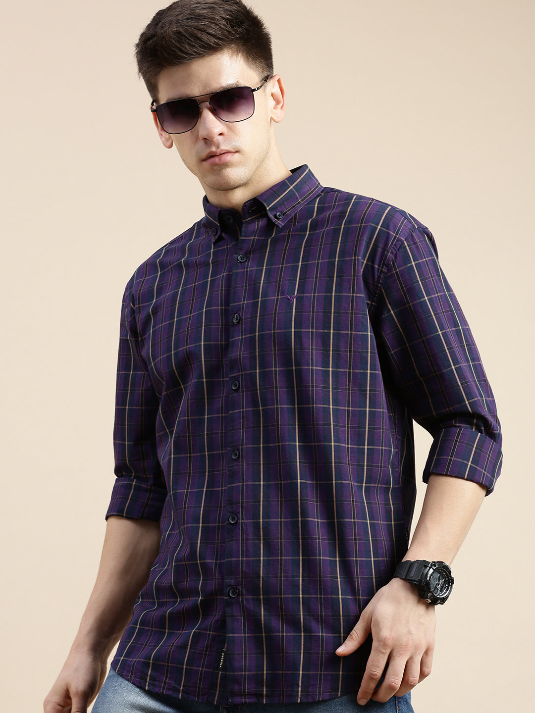 Men Purple Checked Casual Shirt