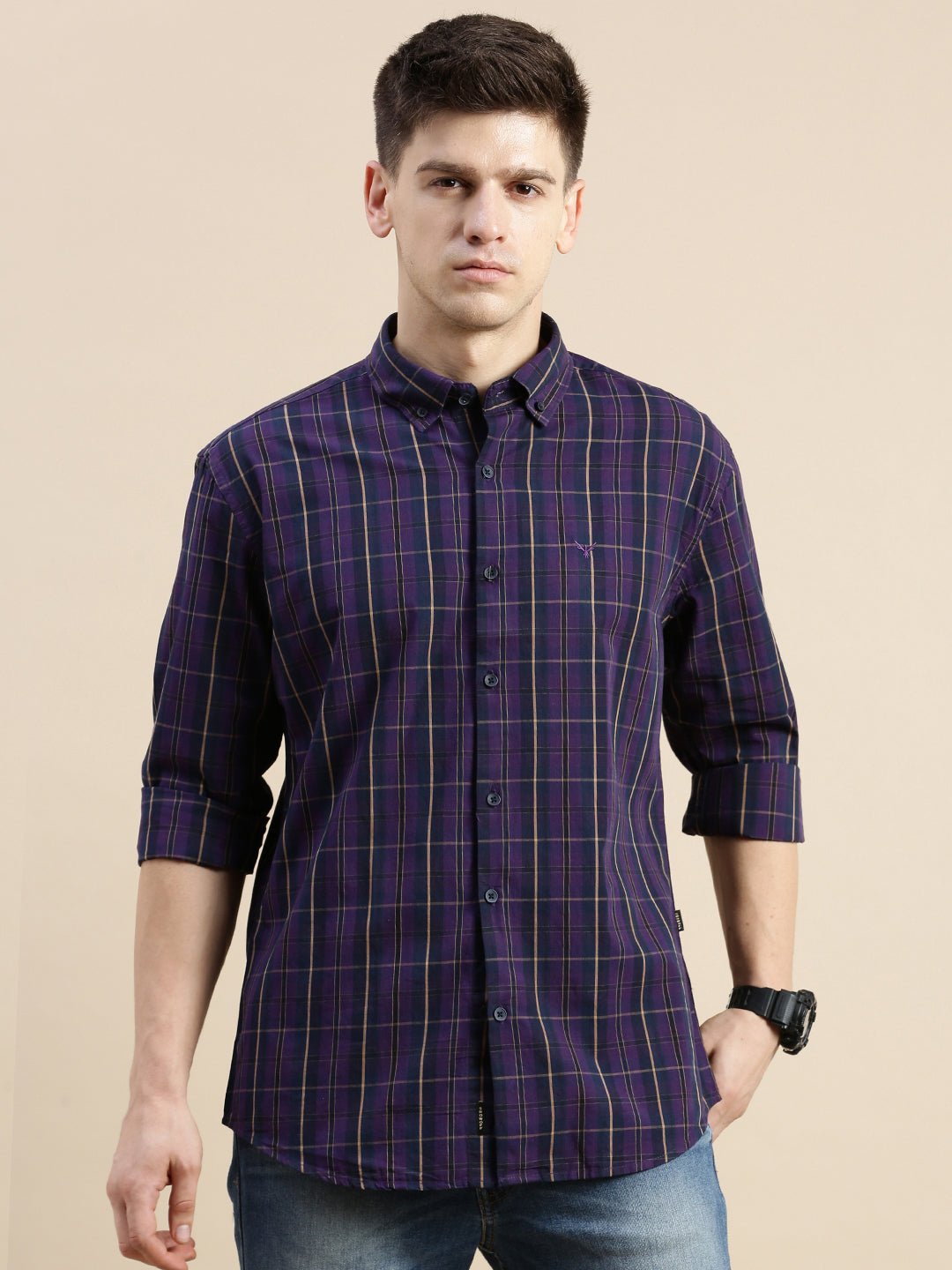 Men Purple Checked Casual Shirt