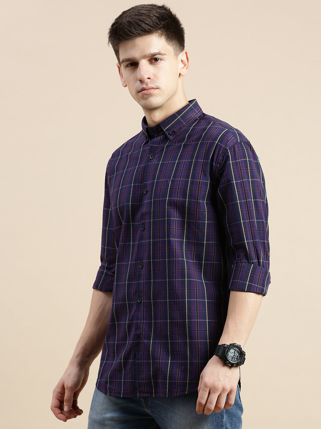 Men Purple Checked Casual Shirt