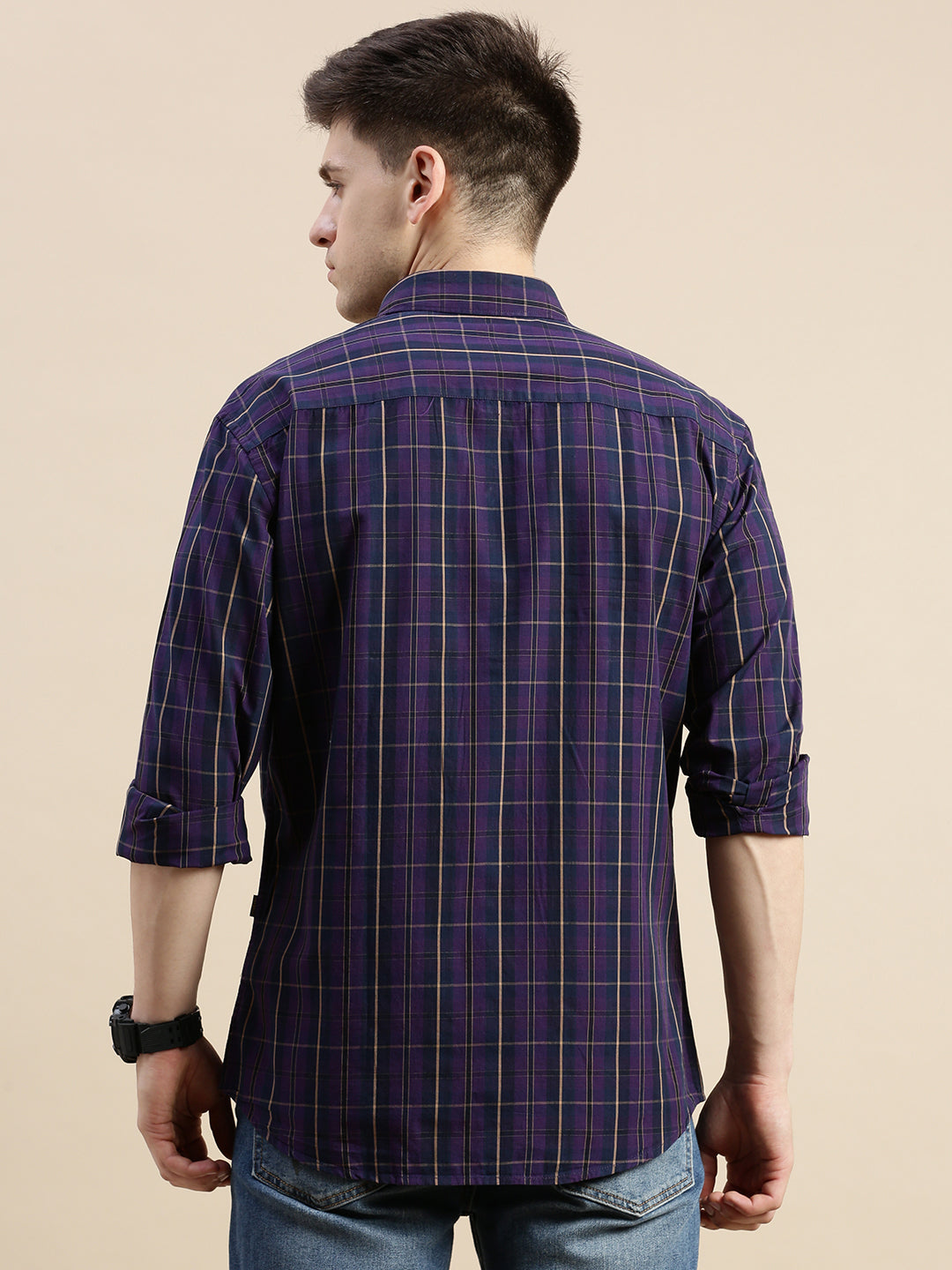 Men Purple Checked Casual Shirt