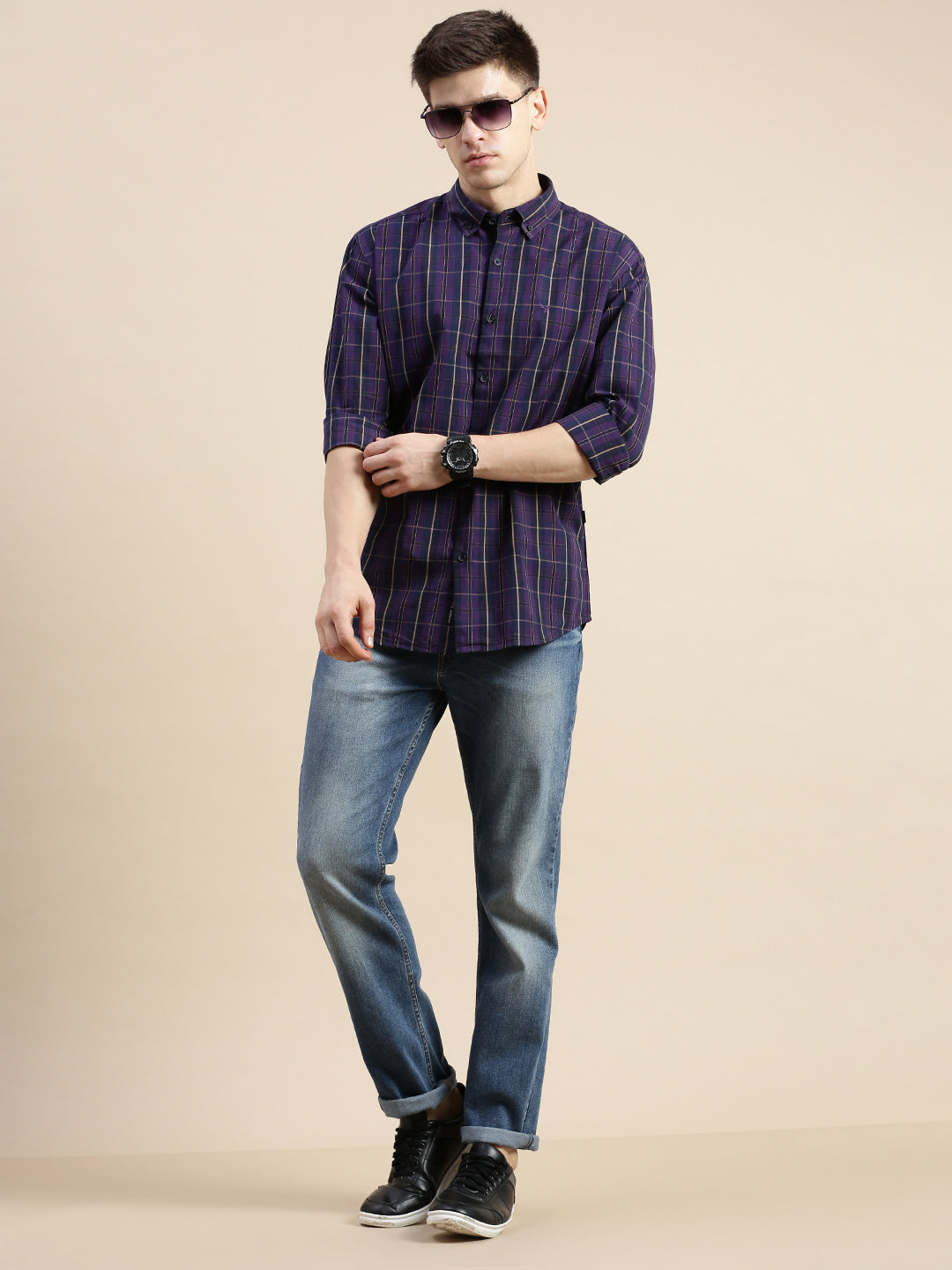 Men Purple Checked Casual Shirt